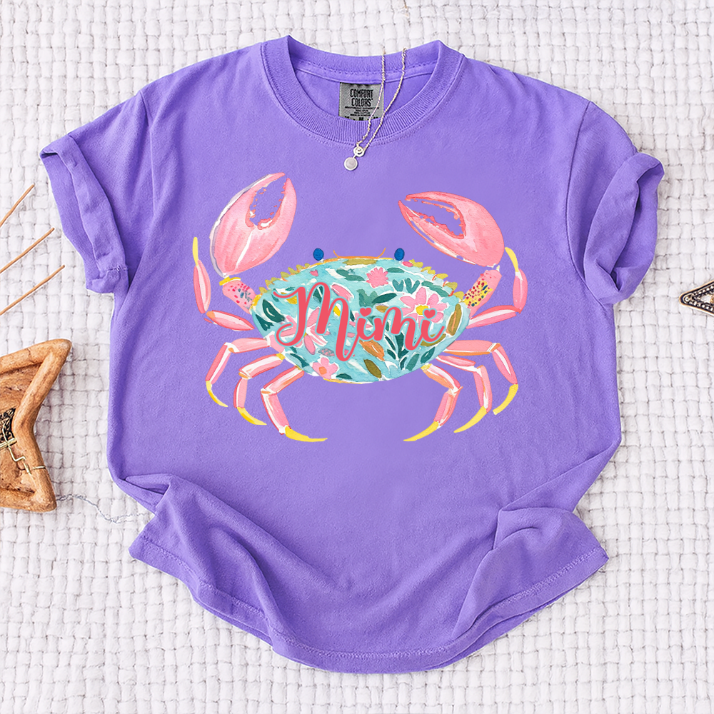 Comfort Colors® Personalized Mimi Crab Shirt, Custom Grandma Beach Shirt, Cute Floral Crab Summer Tee, Ocean Vacation Gift for Mimi Nana Gigi, Birthday Mothers Day Shirt