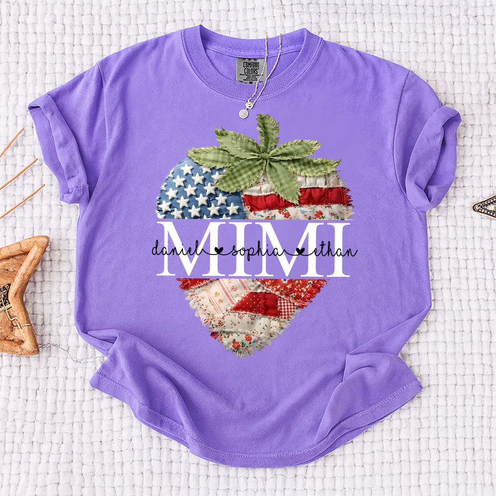Comfort Colors Mimi Custom Family Tee, Faux Quilted Strawberry 4th of July Grandma T-Shirt, Patriotic American Flag Berry Graphic, Summer Gift for Grandma, Independence Day Shirt