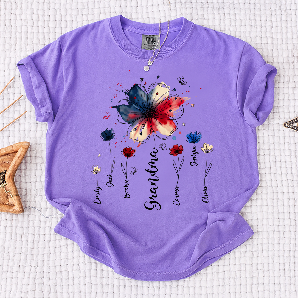 Personalized Grandma Wildflower Shirt, Custom Kids Names Floral Tee for Nana Mimi Gigi Grammy, Patriotic Flower Gift for Grandma Birthday Mothers Day Shirt