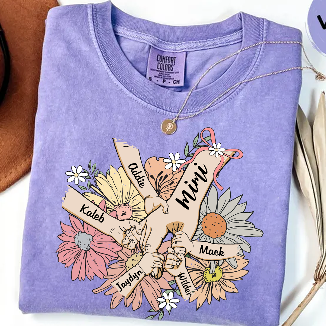 Comfort Colors® Grandma Hands Retro Floral T-Shirt, Custom Grandma With Grandkids Shirt