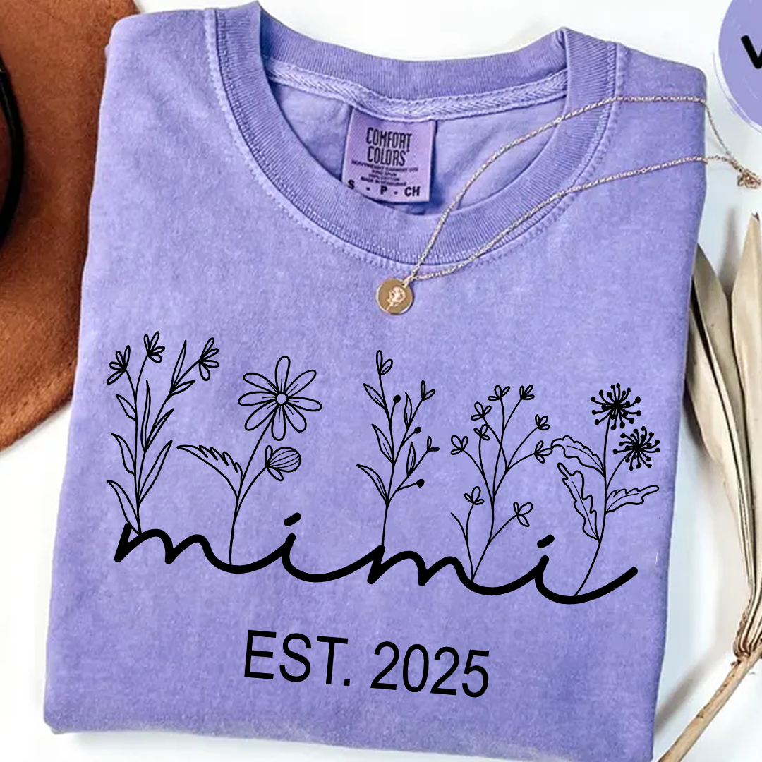 Comfort Colors® Mimi Est Wildflowers T-Shirt, Custom Grandma With Grandkids, Gift for Grandma