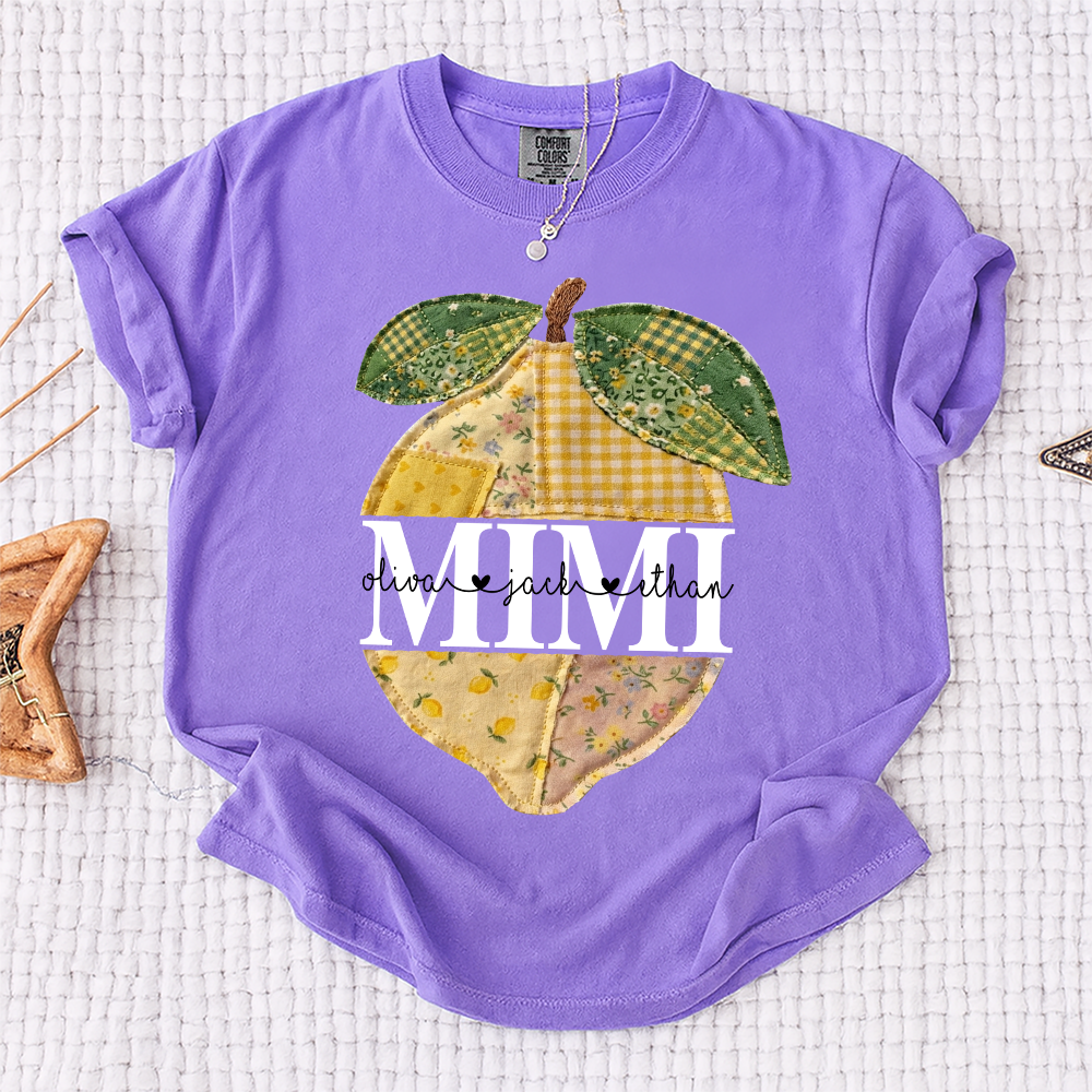 Comfort Colors® Custom Mimi Lemon Shirt, Personalized Grandkids Names Shirt, Patchwork Citrus Summer Shirt, Gift for Grandma Nana Gigi