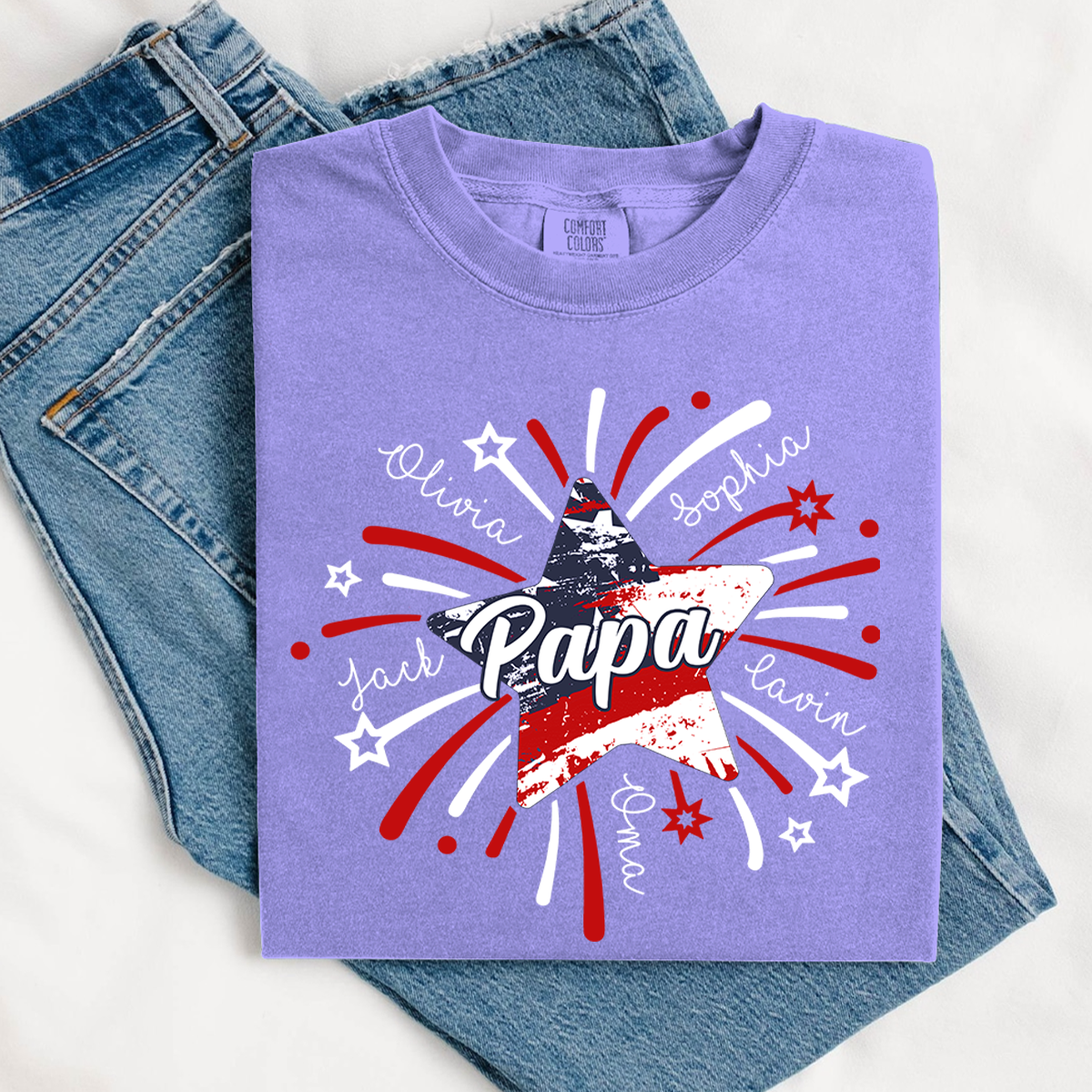 Comfort Colors® Custom 4th of July Papa Shirt, Custom Grandpa Firework American Flag T-Shirt