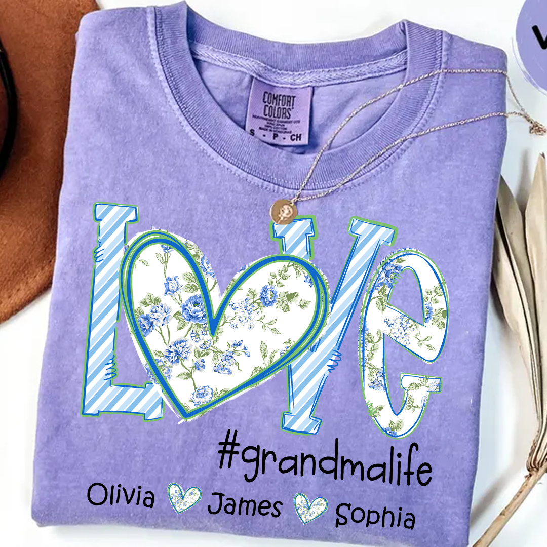 Love grandmalife Personalized Grandma Shirt - Floral Print Comfort Colors Tee - Custom Grandmother Gift with Grandkids' Names