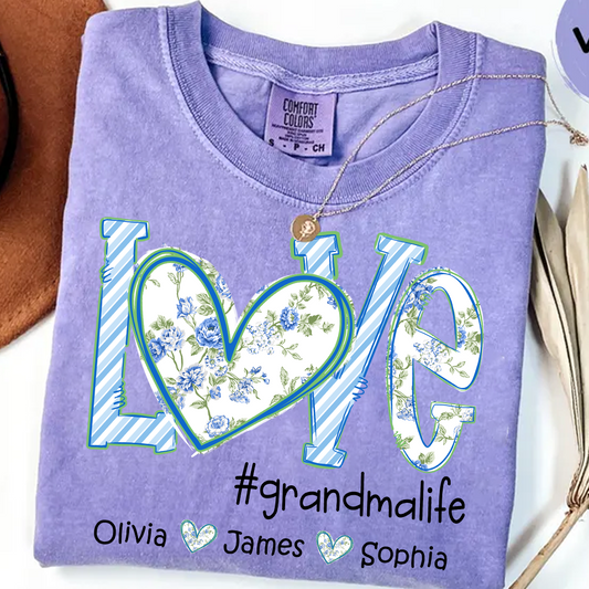 Love grandmalife Personalized Grandma Shirt - Floral Print Comfort Colors Tee - Custom Grandmother Gift with Grandkids' Names