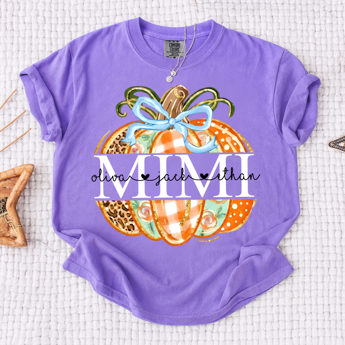 Comfort Colors® Personalized Mimi Pumpkin T-shirt, Autumn shirt for grandma with grandchildren's names, Cute autumn Thanksgiving gift for grandma