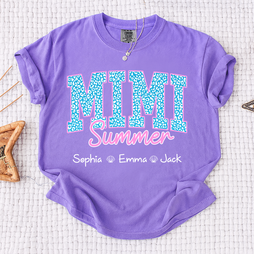 Comfort Colors® Personalized Mimi Summer Shirt, Custom Grandkids Names Shirt, Leopard Heart Grandma Shirt, Summer Gift for Mimi Nana Gigi, Birthday Mothers Day Shirt