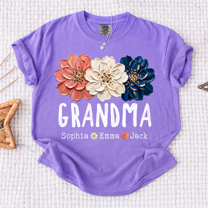 Comfort Colors® Patriotic Floral Grandma T-Shirt, Personalized Nana Mimi Mama Shirt with Kids Names, 4th of July Independence Day Gift