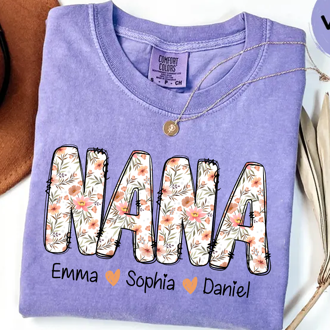 Comfort Colors® Nana Flower 2025 Shirt, Custom Grandma And Grandkids Shirt