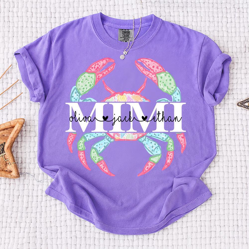 Comfort Colors Personalized Mimi Crab Shirt, Custom Grandkids Names Beach Shirt, Coastal Grandma Summer Shirt, Ocean Lover Gift for Grandma