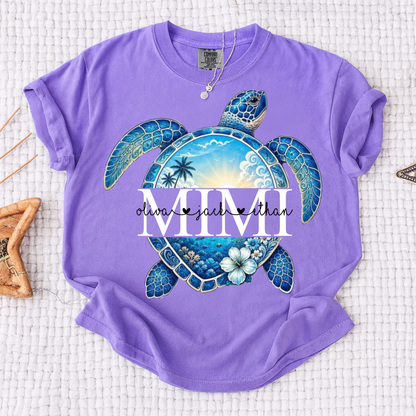 Comfort Colors® Personalized Mimi Sea Turtle Shirt, Custom Grandkids Names Beach Tee, Coastal Ocean Summer Gift for Grandma