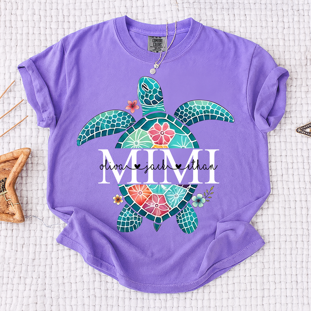 Comfort Colors® Personalized Mimi Sea Turtle Shirt, Custom Grandkids Names Beach Shirt, Coastal Summer Vacation Shirt for Grandma, Ocean Lover Gift for Mimi Nana Gigi