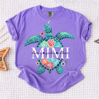 Comfort Colors® Personalized Mimi Sea Turtle Shirt, Custom Grandkids Names Beach Shirt, Coastal Summer Vacation Shirt for Grandma, Ocean Lover Gift for Mimi Nana Gigi
