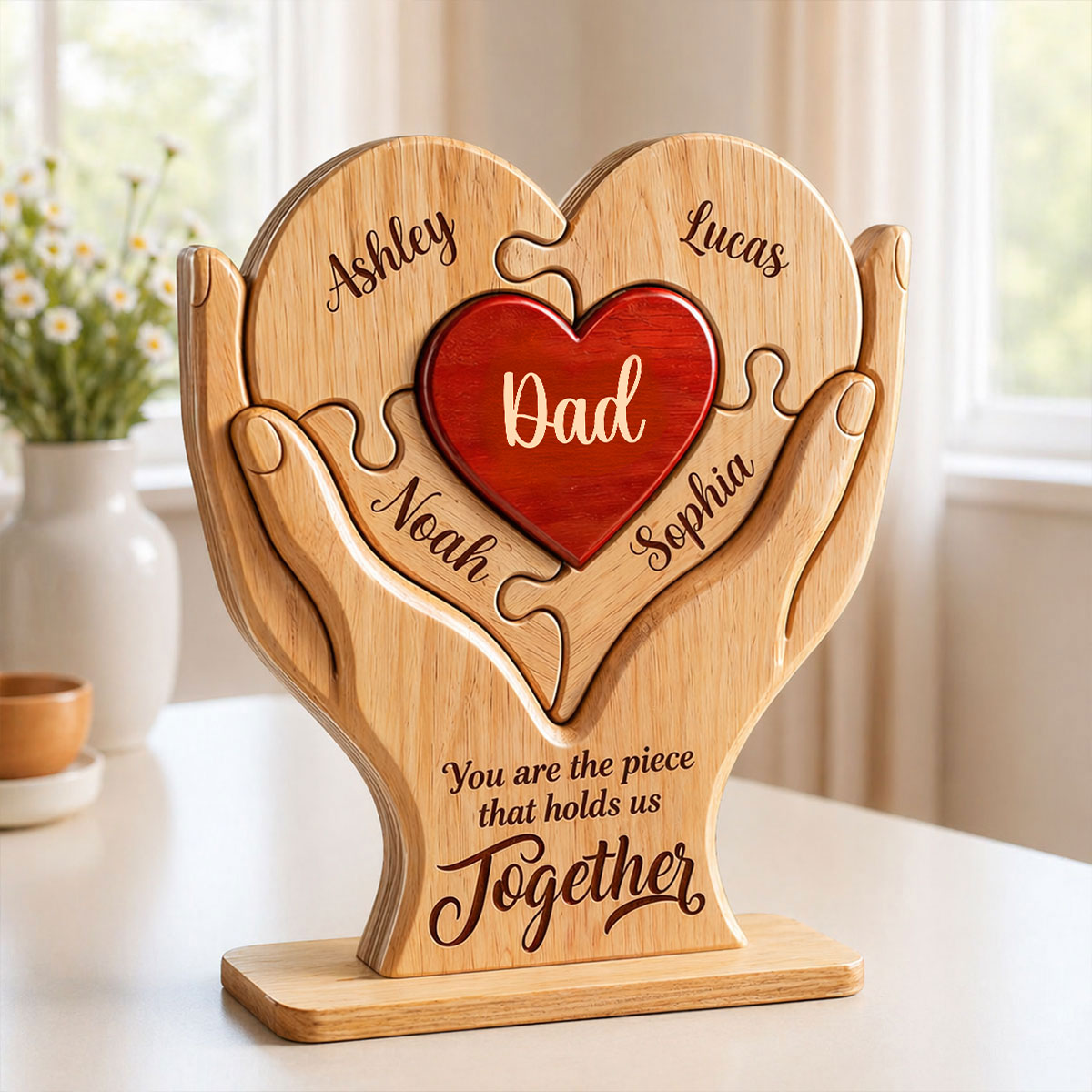 Personalized Wooden Puzzle Plaque for Dad – Custom Family Name Heart Sign, Father’s Day Gift from Kids 2-Layered Wooden Plaque