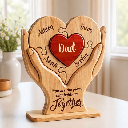 Personalized Wooden Puzzle Plaque for Dad – Custom Family Name Heart Sign, Father’s Day Gift from Kids 2-Layered Wooden Plaque