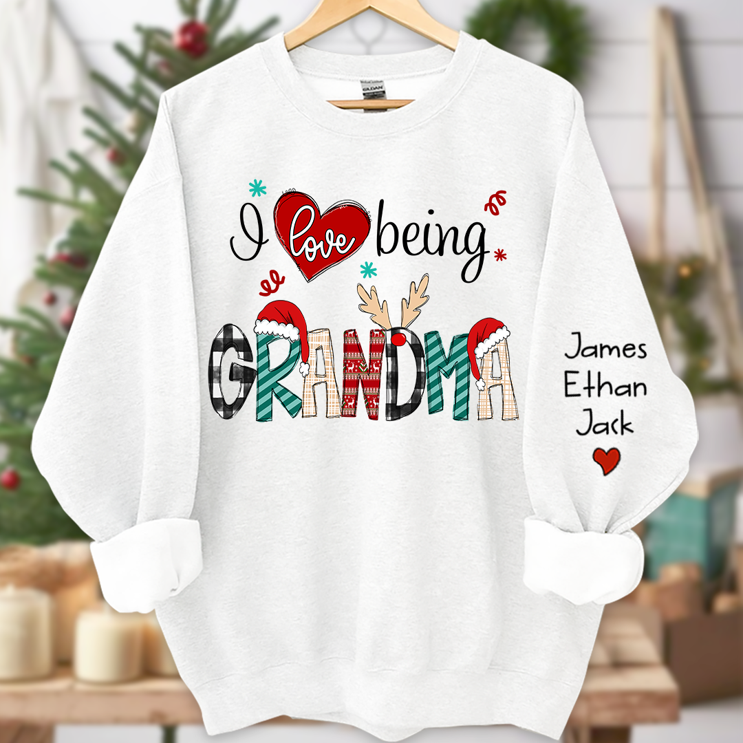 Personalized I Love Being Grandma Merry Christmas Sweatshirt, Custom Grandma and Grandkids Sweatshirt