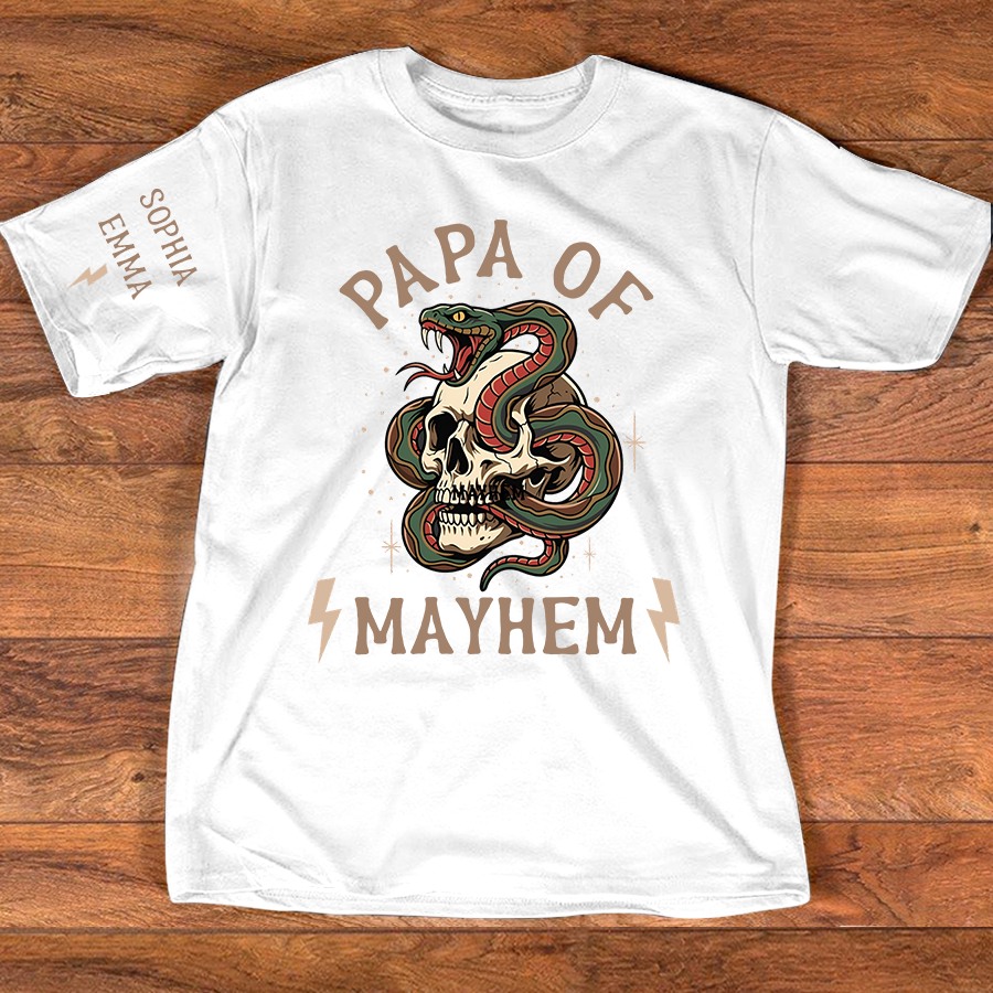 Papa Of Mayhem Personalized Shirt, Custom Papa Skull Snake Tee with Kids Names on Sleeve, Funny Grandpa Father Graphic T Shirt, Gift For Father’s Day Birthday