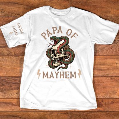 Papa Of Mayhem Personalized Shirt, Custom Papa Skull Snake Tee with Kids Names on Sleeve, Funny Grandpa Father Graphic T Shirt, Gift For Father’s Day Birthday