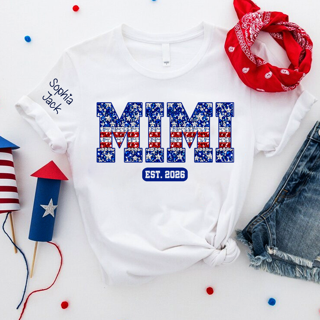 Mimi Faux Rhinestone Patriotic USA Flag Shirt Custom Nickname T-Shirt with Kids Names on Sleeve Est 2026 4th of July Mothers Day Family Matching Tee for Grandma Nana Gigi