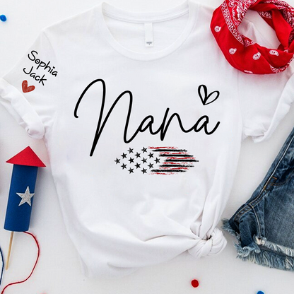 Personalized Nana American Flag T-Shirt, Custom Design with Name, Patriotic Family Shirt for 4th of July, Gifts for Mother's Day, Birthday