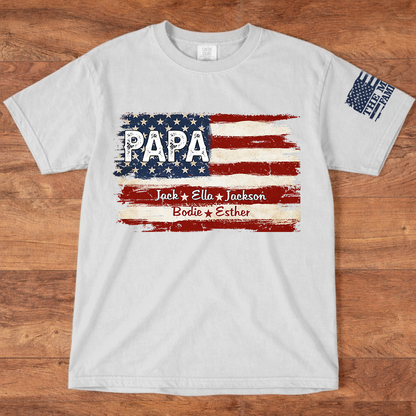 Personalized Papa American Flag Shirt, Custom Dad T-Shirt with Kids Names, Patriotic Family Gift