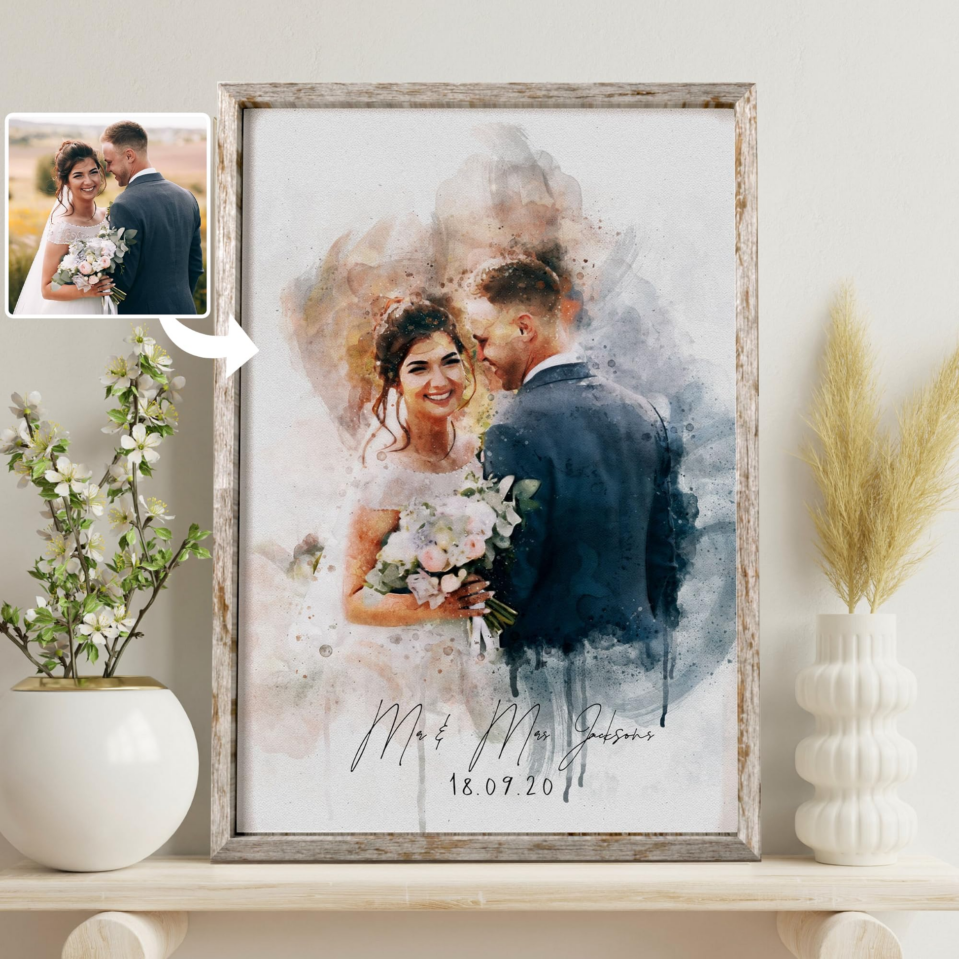 Custom Watercolor Couple Portrait Poster, Canvas Wall Art from Photo, Romantic Valentine Anniversary Gift