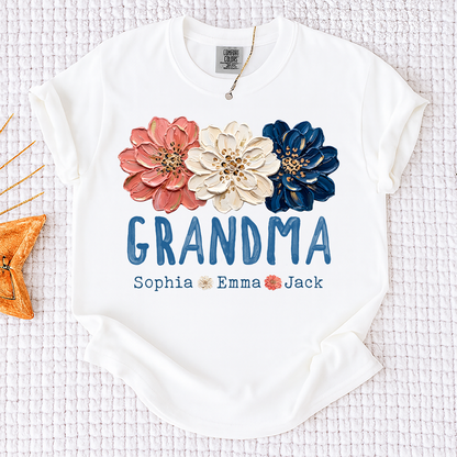 Comfort Colors® Patriotic Floral Grandma T-Shirt, Personalized Nana Mimi Mama Shirt with Kids Names, 4th of July Independence Day Gift