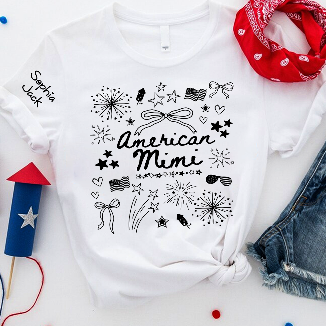 Personalized American Mimi T-Shirt Custom Family Nickname Shirt with Firework Design for 4th of July, Gifts for Mother's Day, Birthday