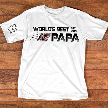 Personalized World’s Best Papa Shirt Custom Kids Names on Sleeve, Patriotic American Flag Grandpa T Shirt, Fathers Day Birthday Gift for Papa Dad Grandpa
