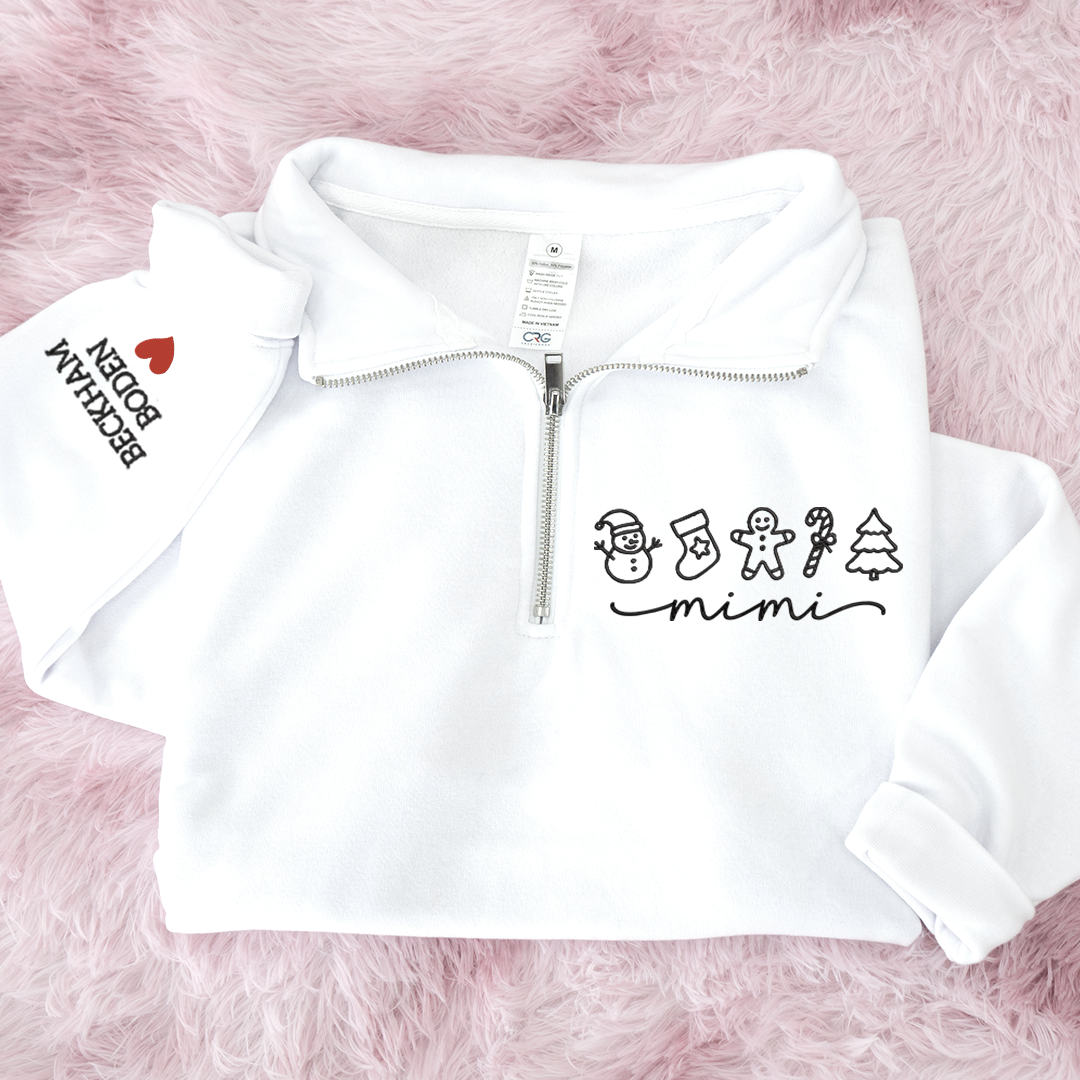 Custom Embroidered Mimi Merry Christmas Design, Gingerbread Sweatshirt And Grandkids Quarter Zip Sweater
