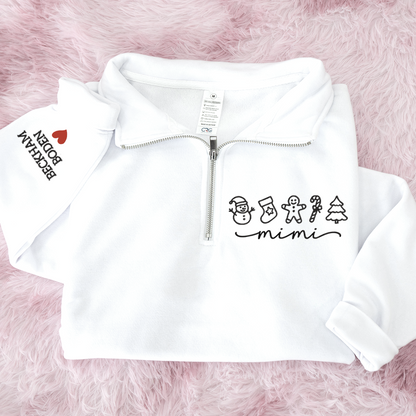 Custom Embroidered Mimi Merry Christmas Design, Gingerbread Sweatshirt And Grandkids Quarter Zip Sweater