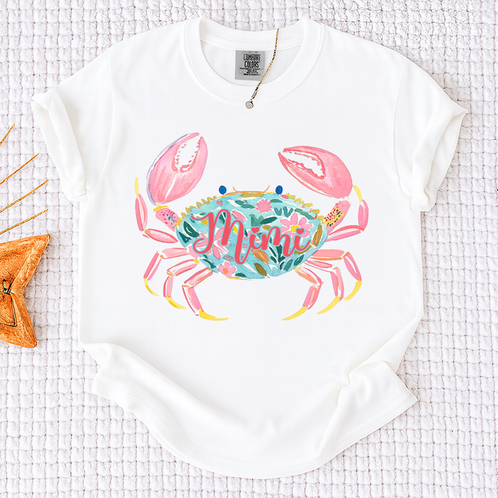 Comfort Colors® Personalized Mimi Crab Shirt, Custom Grandma Beach Shirt, Cute Floral Crab Summer Tee, Ocean Vacation Gift for Mimi Nana Gigi, Birthday Mothers Day Shirt