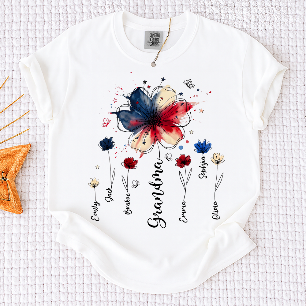 Personalized Grandma Wildflower Shirt, Custom Kids Names Floral Tee for Nana Mimi Gigi Grammy, Patriotic Flower Gift for Grandma Birthday Mothers Day Shirt