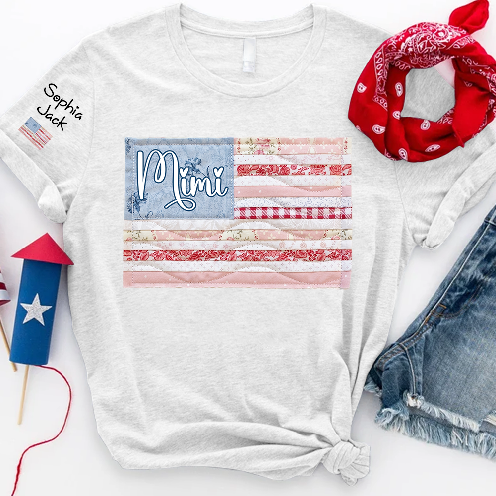 Personalized Mimi Patriotic Patchwork Flag Shirt with Custom Kids Names on Sleeve, Vintage Family Grandma Tee for Women, 4th of July Birthday Shirt