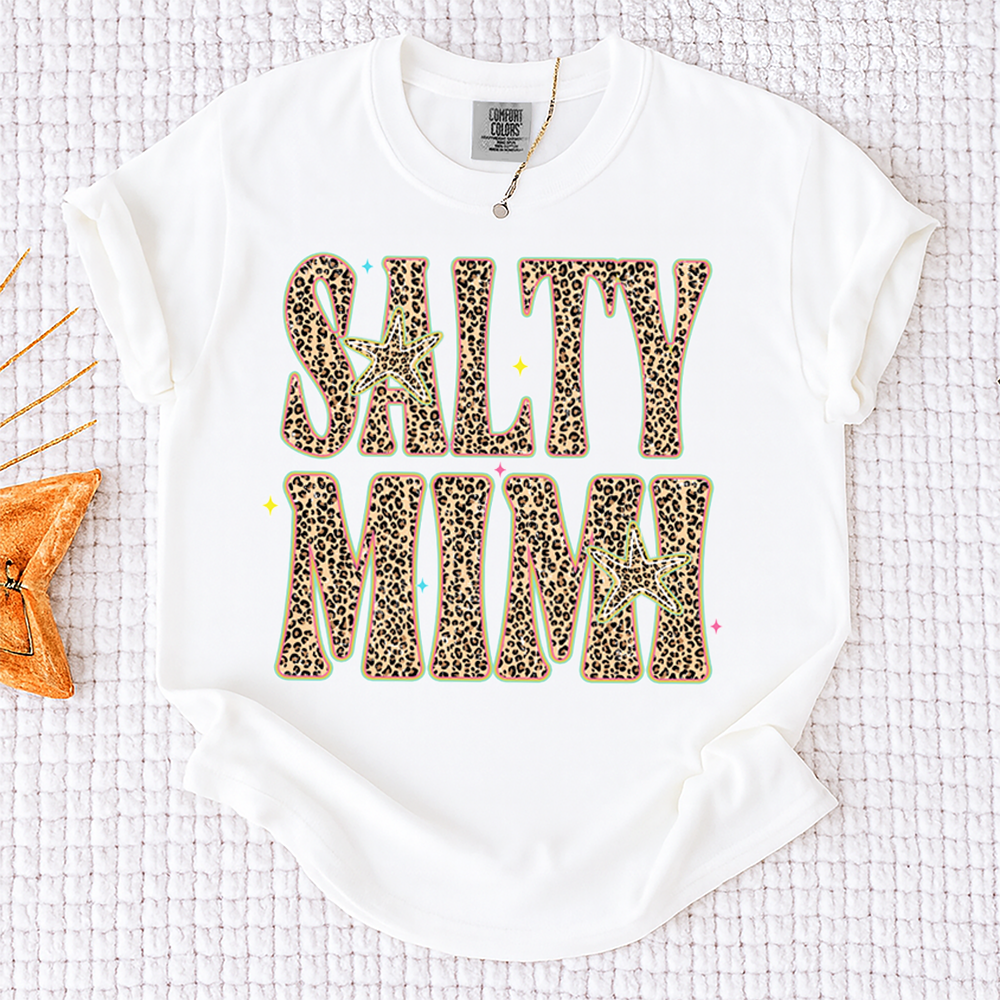 Comfort Colors® Personalized Salty Mimi Leopard Starfish Shirt, Beach Summer Vacation Tee, Funny Coastal Mimi Mom Life Shirt, Gift for Grandma Nana Mimi Women