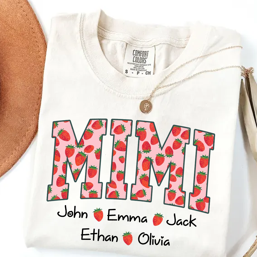 Comfort Colors® Personalized Mimi Strawberry Shirt, Custom Grandma Shirt with Grandkids Names, Cute Strawberry Graphic T-Shirt