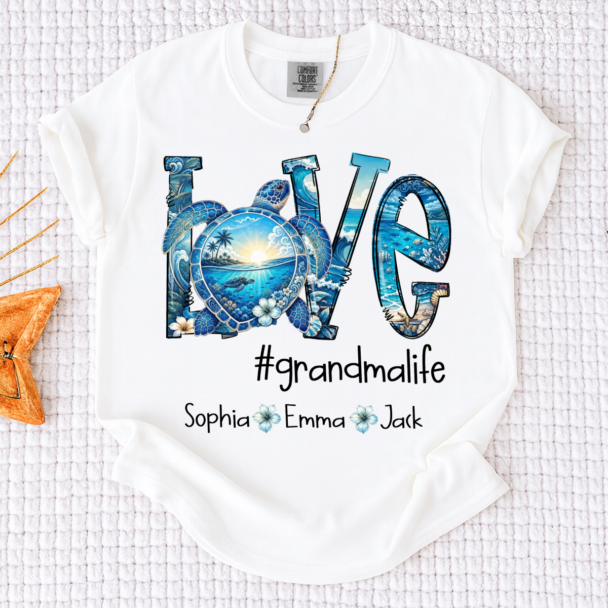 Comfort Colors® Personalized Love grandmalife Sea Turtle Shirt, Custom Family Names Gift for Grandma Shirt, Gift for Mimi Nana Gigi