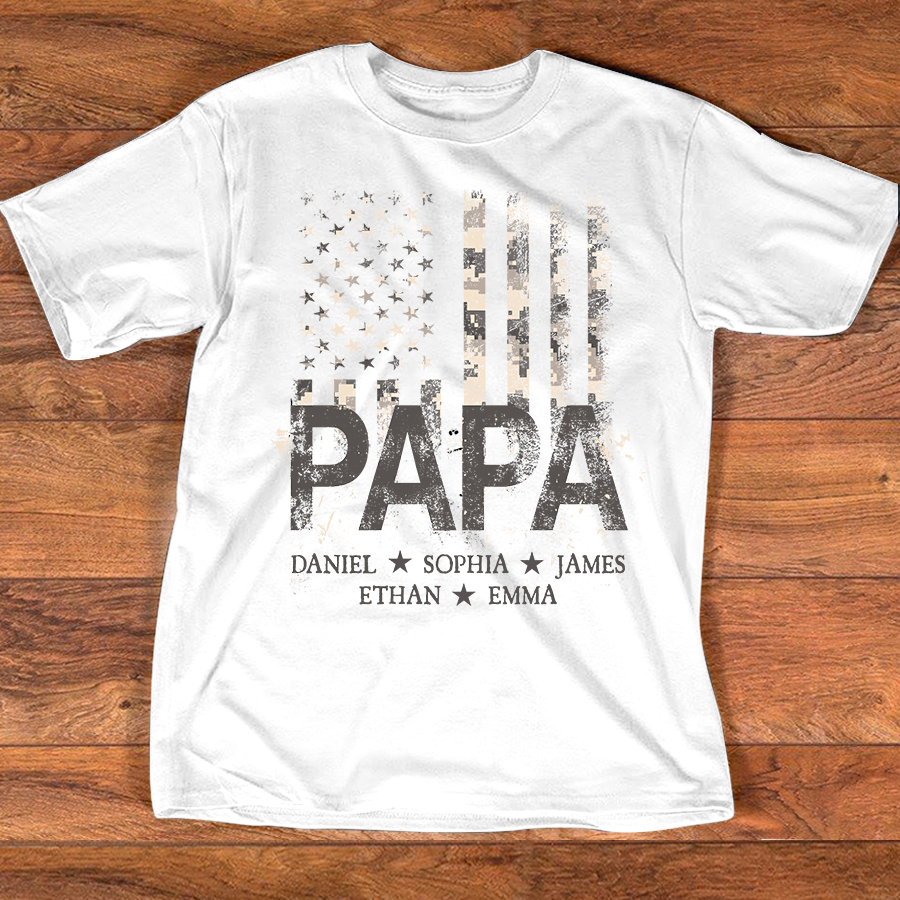 Personalized Papa American Flag Shirt, Custom Kids Names Patriotic T Shirt for Dad Grandpa, U.S. 250th Anniversary 4th of July Birthday Gift
