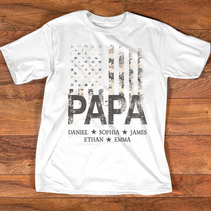 Personalized Papa American Flag Shirt, Custom Kids Names Patriotic T Shirt for Dad Grandpa, U.S. 250th Anniversary 4th of July Birthday Gift