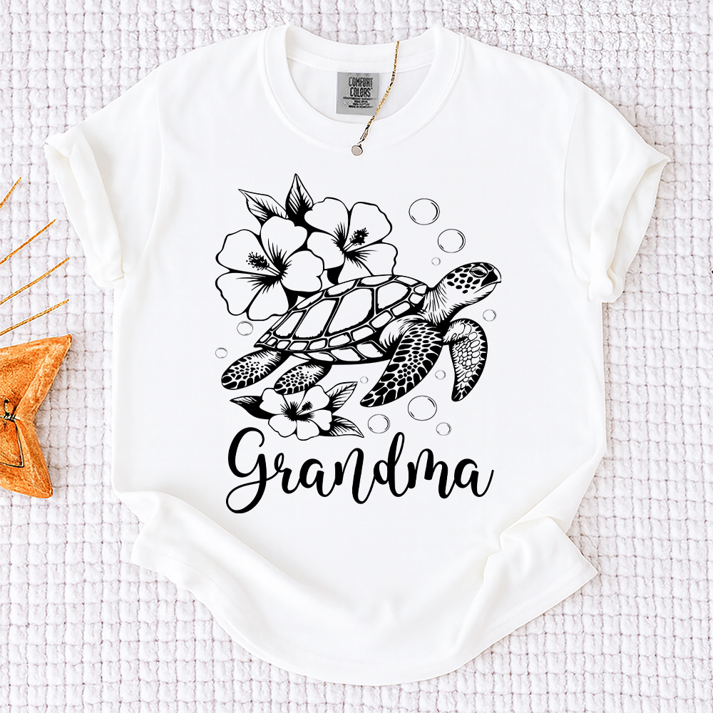 Comfort Colors® Personalized Mimi Hibiscus Sea Turtle Shirt, Cute Sumer , Custom Family Names Gift for Grandma