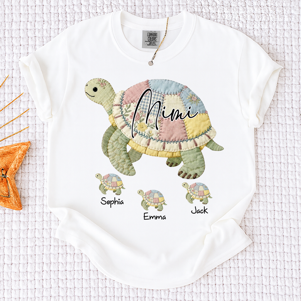 Comfort Colors® Personalized Mimi Patchwork Turtle, Custom Grandkids Names Shirt, Grandma Turtle Family Shirt, Birthday Gift for Mimi Nana Gigi, Mothers Day Shirt