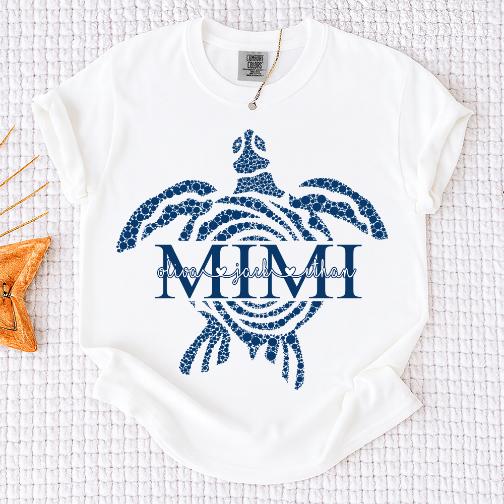 Comfort Colors® Personalized Mimi Mimi Sea Turtle Shirt, Custom Grandkids Names Beach Shirt,Custom Family Names Gift for Grandma