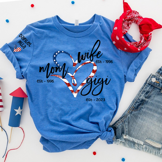 Wife Mom Gigi Est Year And Grandkids Usa Flag Heart T-Shirt