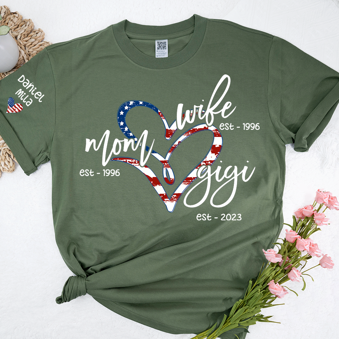 Wife Mom Gigi Est Year And Grandkids Usa Flag Heart T-Shirt