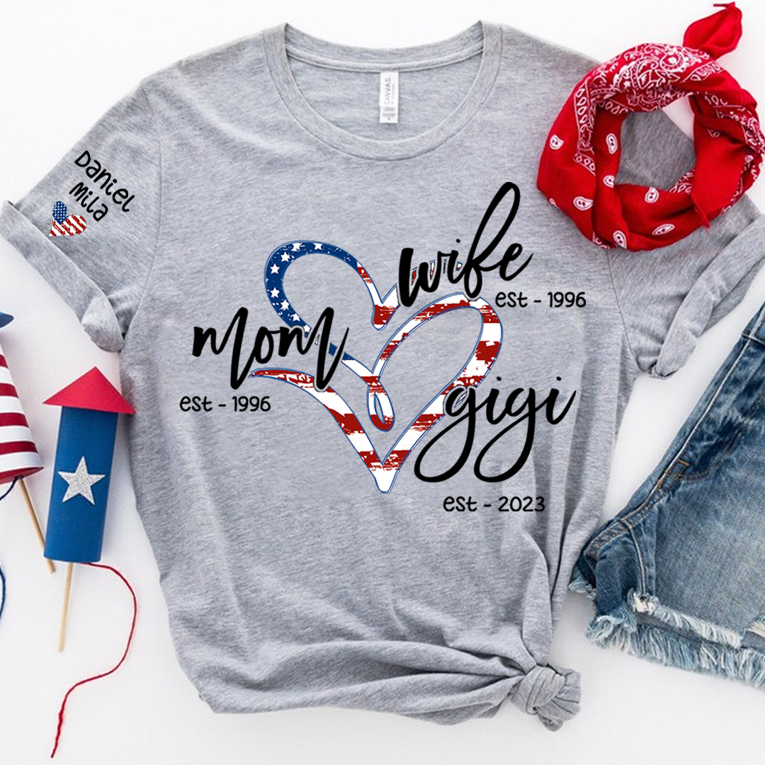 Wife Mom Gigi Est Year And Grandkids Usa Flag Heart T-Shirt