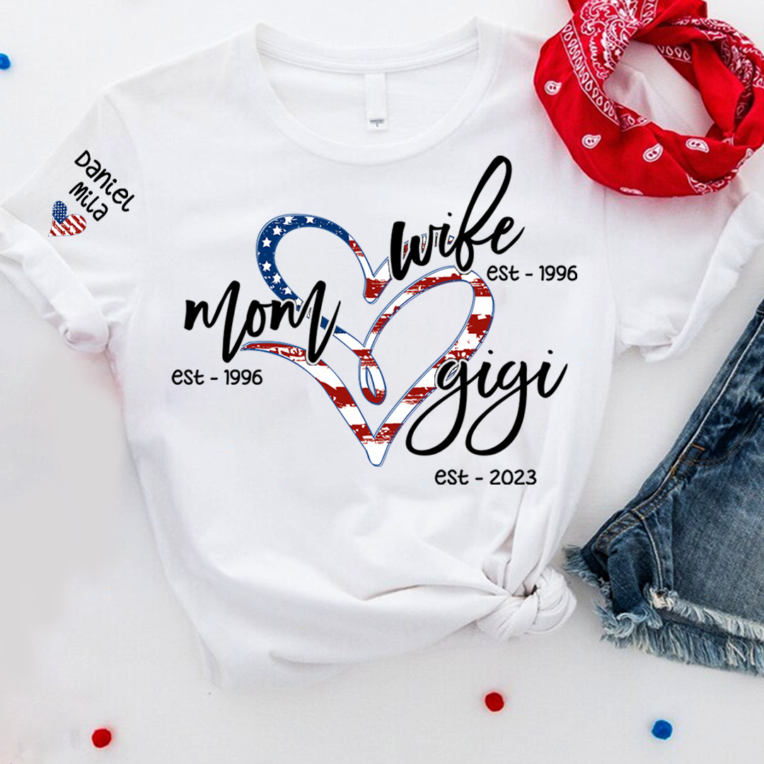 Wife Mom Gigi Est Year And Grandkids Usa Flag Heart T-Shirt