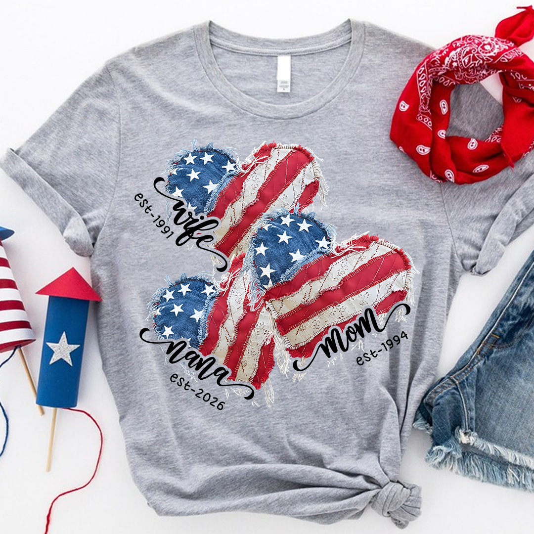 Wife Mom Grandma and Est Year, America Heart Flag, 4th of July Gift For Grandma