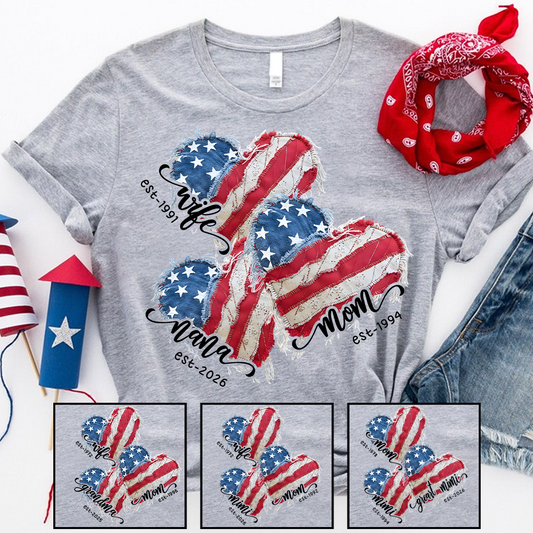 Wife Mom Grandma and Est Year, America Heart Flag, 4th of July Gift For Grandma