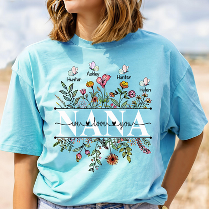Comfort Colors® Wildflowers Grandma We Love You Shirt, Custom Grandma And Grandkids Shirt