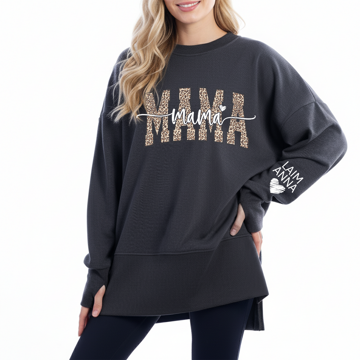 Personalized Leopard Mama And Kids Women Oversized Sweatshirts Thumbhole Long Sleeve, Thumbhole Fall Side Slit Pullover